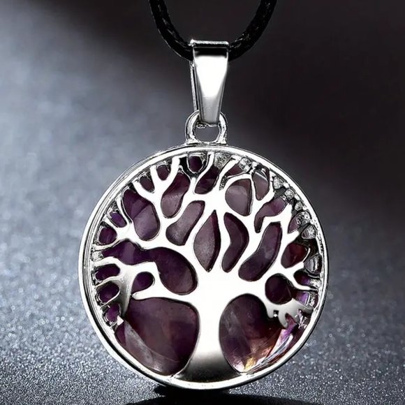 Amethyst Natural Gemstone Tree Of Life Round Pendant Gemstone Necklace - Picture 1 of 2